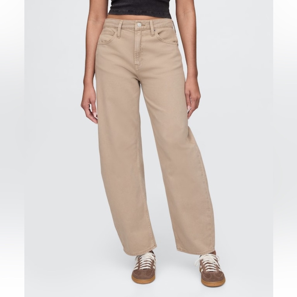 Gap High Rise Barrel Jeans, khaki tan, size 30 long